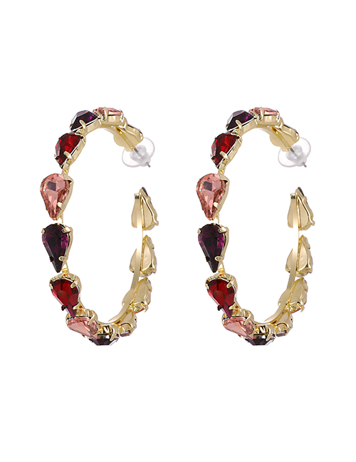 Fashion Red Wine Alloy Diamond C-shaped Circle Earrings