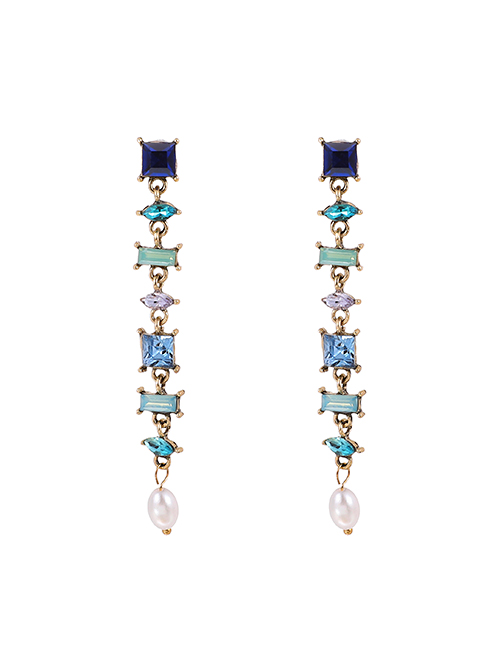 Fashion Blue Alloy Diamond Pearl Geometric Stud Earrings