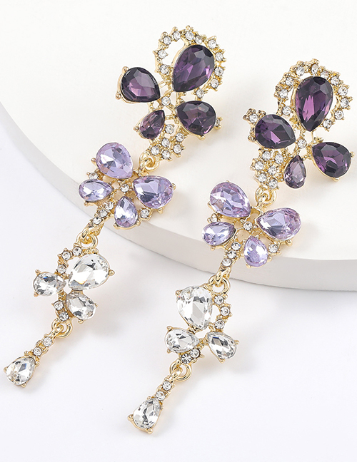 Fashion Purple Alloy Diamond Long Tassel Geometric Earrings