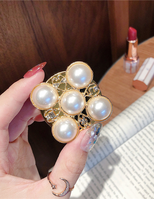 Fashion No. 9 Five Pearls-gold Bottom Jeweled Cubic Crystal Stand Ring Clasp