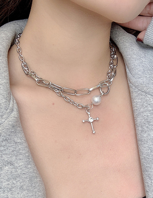 Fashion Silver Color Diamond Cross Pearl Multilayer Necklace