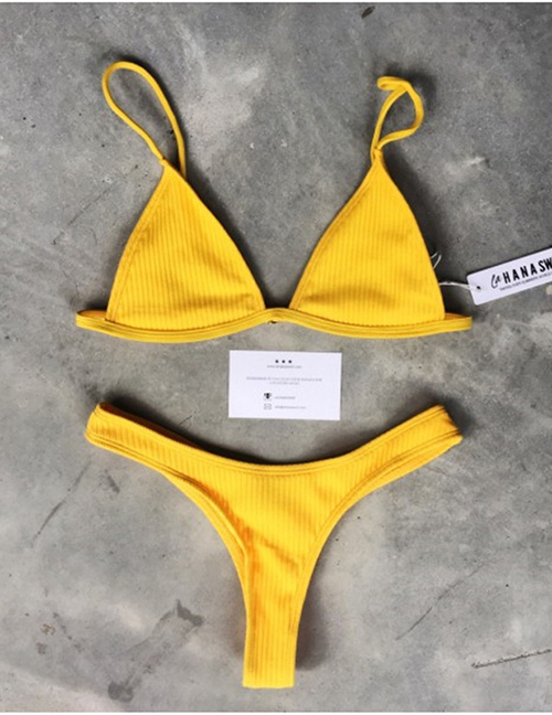 Fashion Yellow Solid Color Pit Strip Thong Split Swimsuit