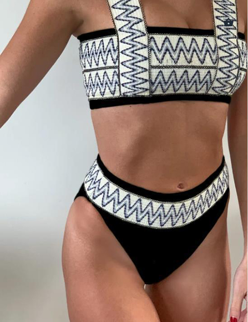 Fashion Black Stretch Panel Stripe Print Split Swimsuit