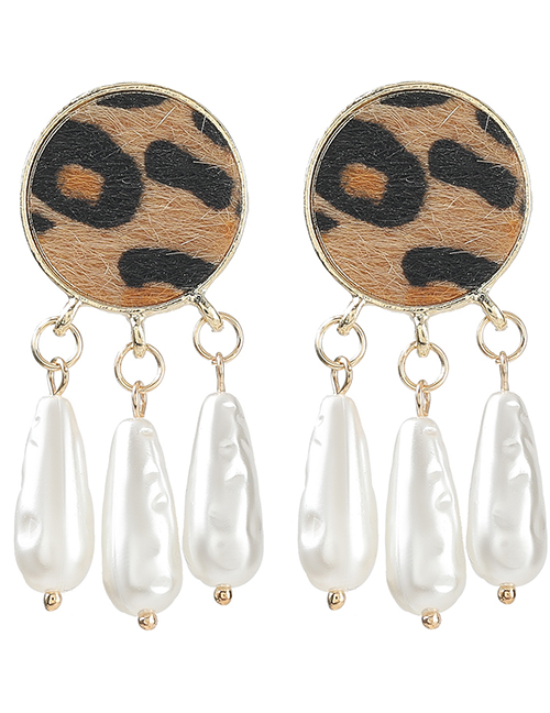 Fashion Brown Alloy Flocked Leopard Print Imitation Pearl Round Tassel Earrings