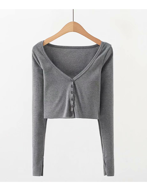 Fashion Gray Solid Color Frayed Cardigan V-neck Single-breasted Long-sleeved T-shirt