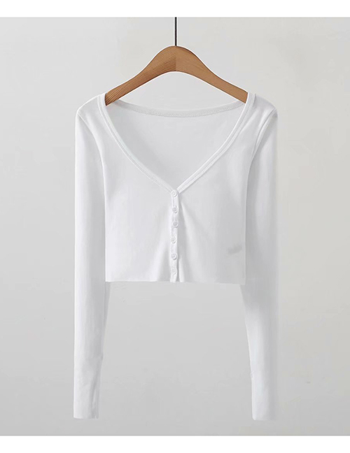 Fashion White Solid Color Frayed Cardigan V-neck Single-breasted Long-sleeved T-shirt
