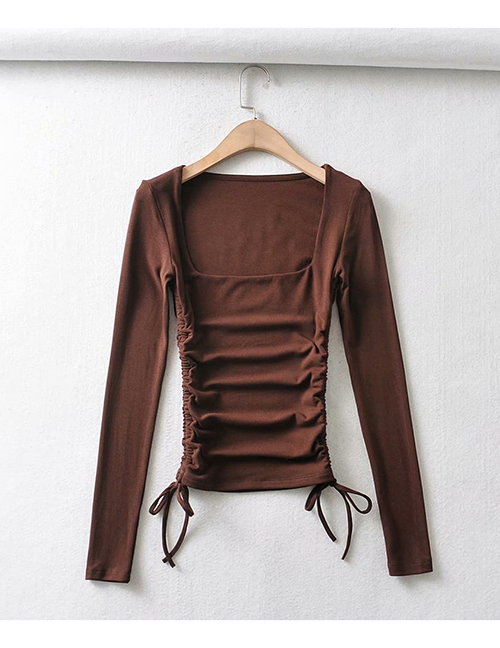 Fashion Coffee Color Solid Color Stretch Square Neck Drawstring T-shirt Top