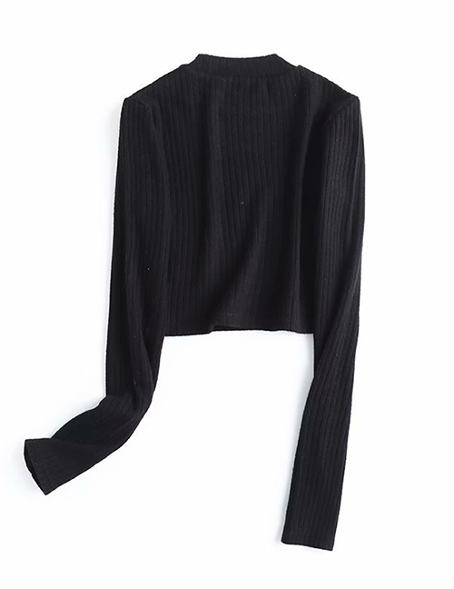 Fashion Black Slim Long Sleeve Round Neck T-shirt Knit