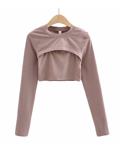Fashion Brown Solid Color Hollow Sling Two-piece T-shirt Top