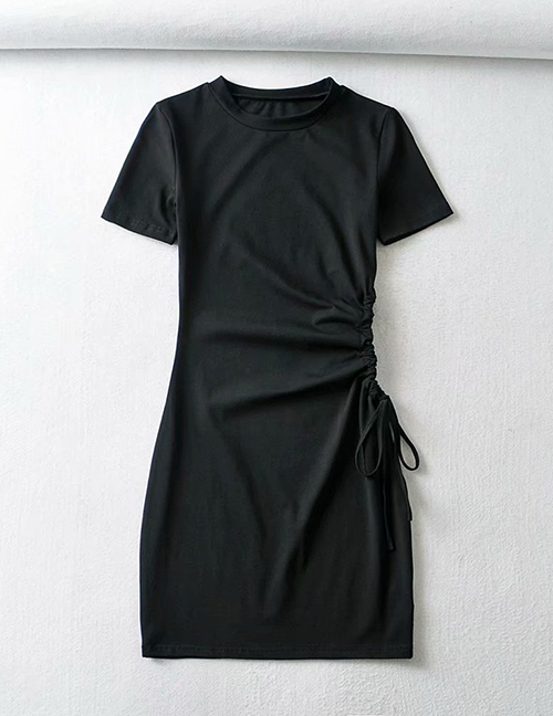 Fashion Black Pleated Slim Dress With Open Waist And Short Sleeves