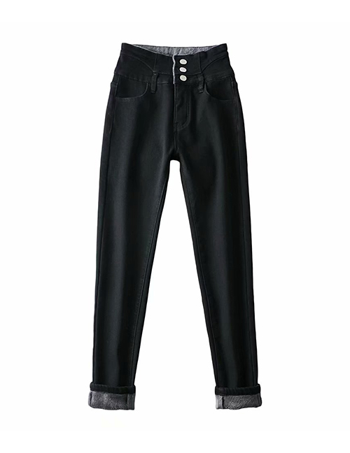 Fashion Black Thickened Fleece High-waisted Breasted Slim-fit High-stretch Jeans