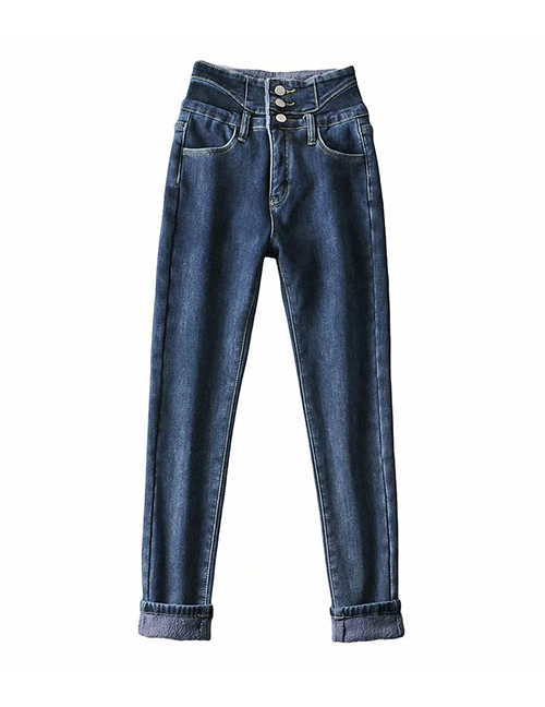 Fashion Gray Blue Thickened Fleece High-waisted Breasted Slim-fit High-stretch Jeans