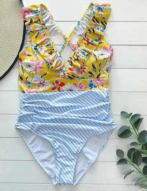 Fashion Stripe Printed Ruffled Pleated Split Swimsuit