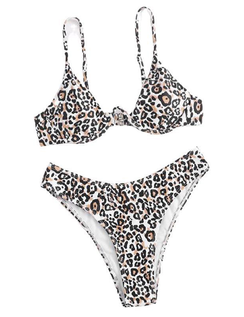 Fashion Leopard White Pentagram Geometric Print Underwire Split Swimsuit
