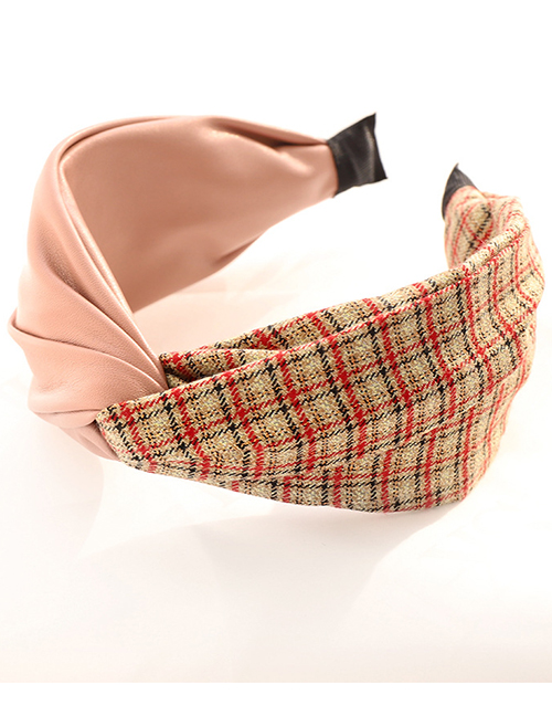 Fashion Red Grid + Pink Check Color Block Pu Leather Cross-knotted Headband
