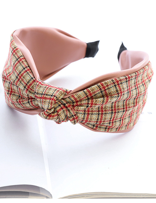 Fashion Red Grid + Pink Houndstooth Leather Knotted Fabric Wide Brim Headband
