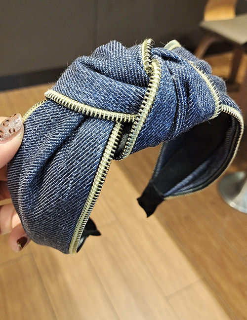 Fashion Dark Blue Pearl Zipper Knotted Wide-brimmed Headband