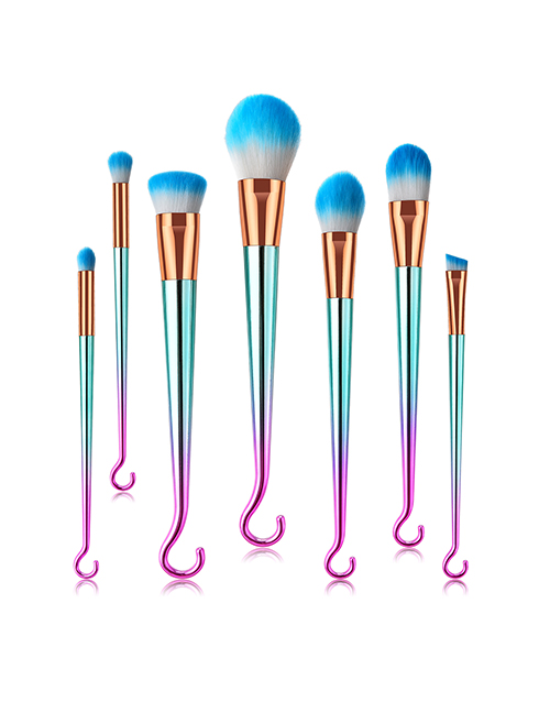 Fashion Pink Green Gradient 7pcs Round Hook Aluminum Tube Nylon Hair Makeup Brush Set