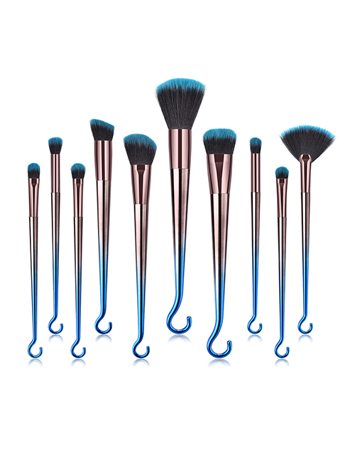 Fashion Blue-black Gradient Set Of 10 Round Hook Aluminum Tube Nylon Hair Small Fan-shaped Makeup Brushes