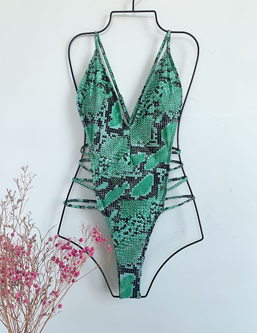 Fashion Green Snakeskin Open Back Printed Swimsuit