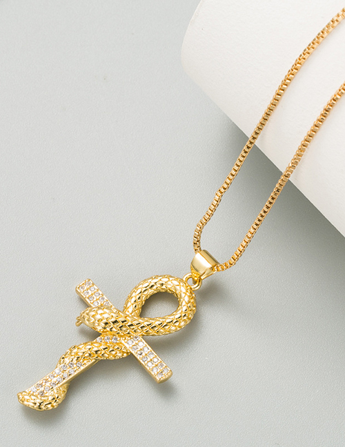 Fashion Golden Snake-shaped Cross Necklace With Copper Micro-inlaid Zircon Pendant