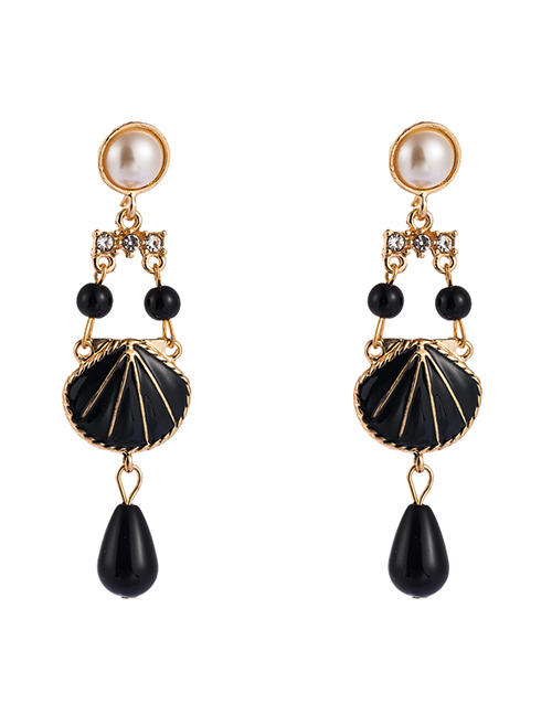 Fashion Black Alloy Inlaid Pearl Shell Drop Pendant Geometric Earrings