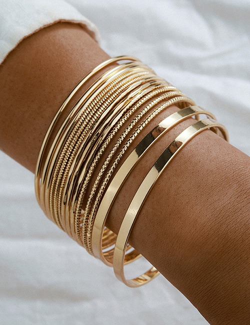 Fashion Golden 14-piece Wide-faced Smooth Bracelet Set