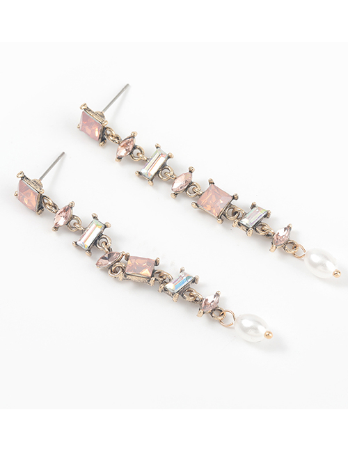 Fashion Pink Alloy Diamond Pearl Long Geometric Earrings
