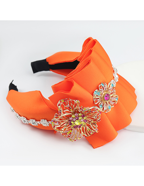 Fashion Orange Fabric Diamond-studded Flower Pleated Wide-brimmed Headband