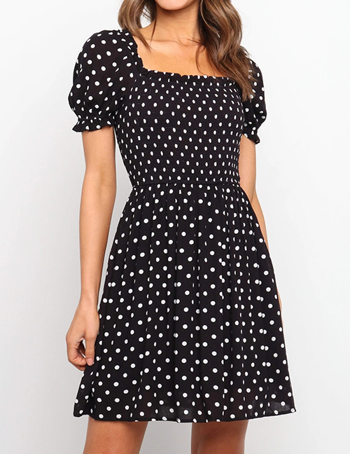 Fashion Black Short Sleeve Polka Dot Print Dress
