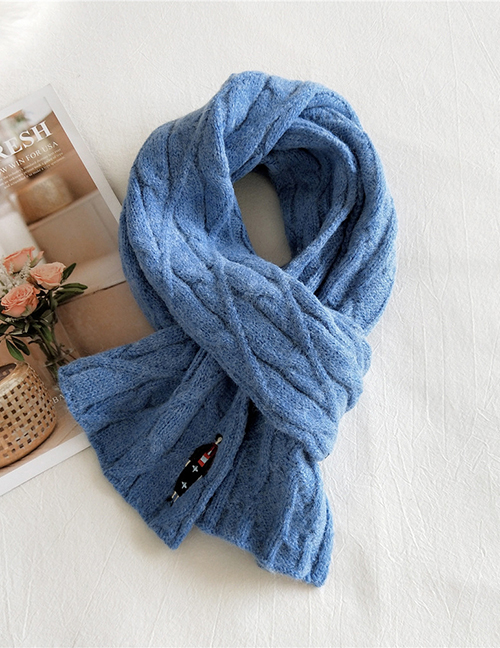 Fashion Blue Pure Color Wool Knitted Embroidery Girl Scarf