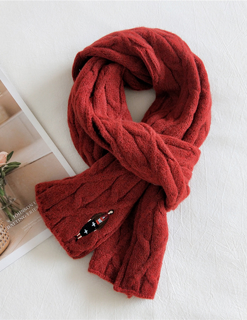 Fashion Red Pure Color Wool Knitted Embroidery Girl Scarf