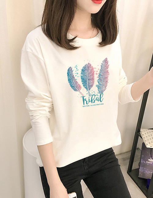 Fashion Fluorescent Feather Printed Long-sleeved Round Neck T-shirt