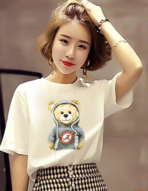 Fashion Hoodie Bear Printed Crew Neck Plus Size Short-sleeved Top