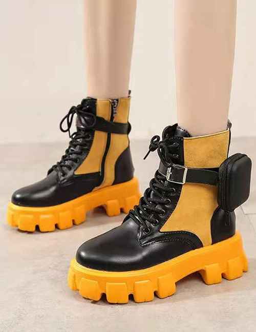 Fashion Black And Yellow Thick-soled Color-block Pocket Ankle Boots