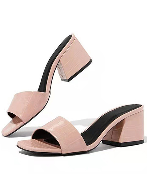 Fashion Pale Pinkish Gray Mid-heel Square Sandals And Slippers