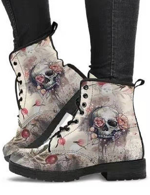 Fashion White Printed Round Toe Lace-up Work Boots