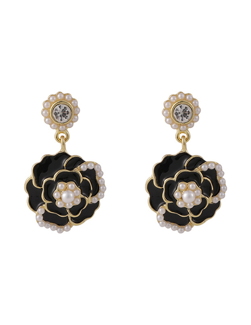Fashion Black Camellia Pearl Flower Stud Earrings