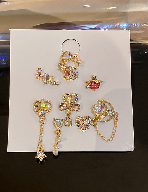 Fashion Nine-piece Set Alloy Inlaid Zirconium Bowknot Love Flower Stud Earring Set