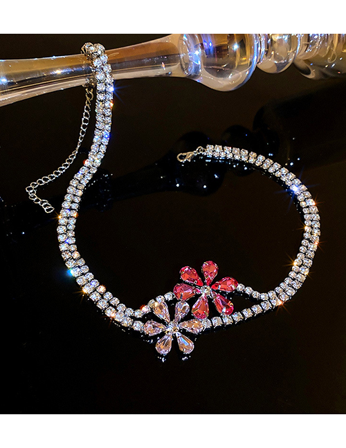 Fashion Pink Flower Necklace With Diamonds