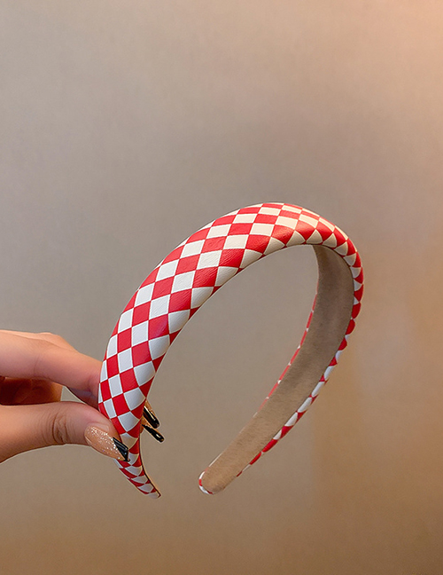Fashion Red And White Grid Leather Check Headband