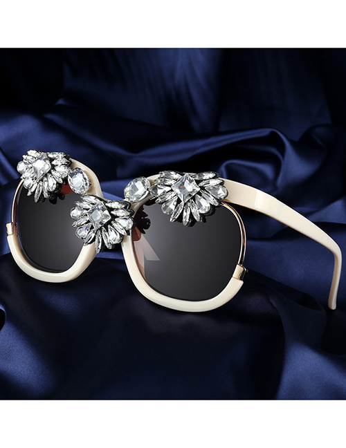 Fashion Beige Large Frame Crystal Sunglasses