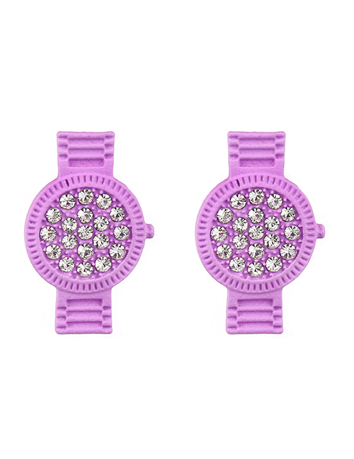 Fashion Purple Alloy Diamond Watch Shape Stud Earrings