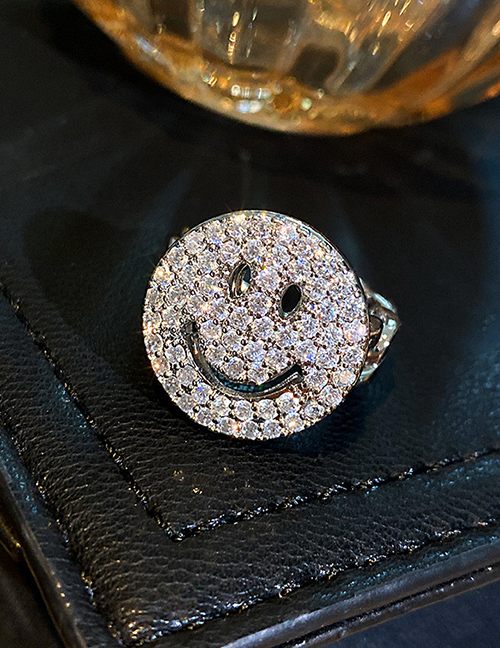 Fashion Silver Full Diamond Smiley Open Ring