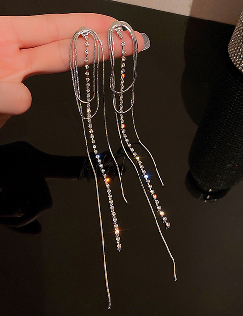 Fashion Silver Alloy Inlaid Zirconium Tassel Earrings
