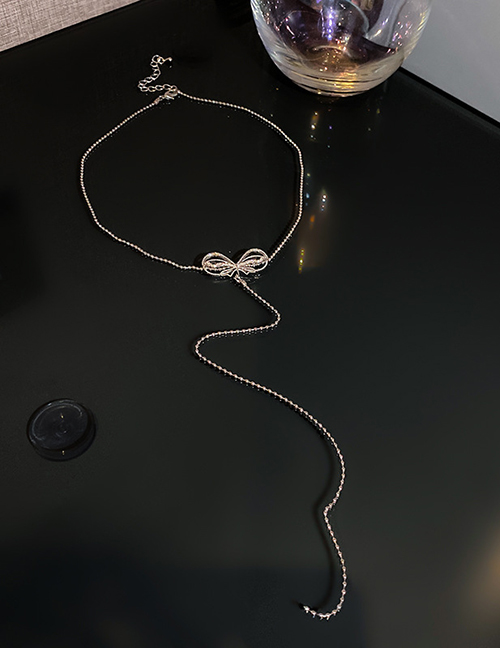 Fashion Silver Diamond Bowknot Tassel Necklace