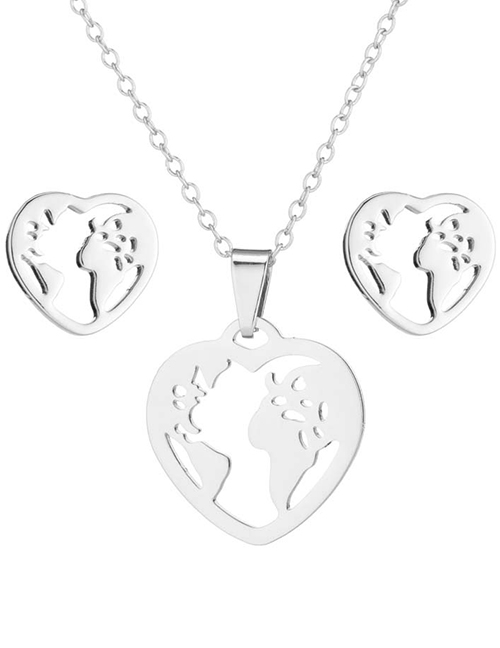 Fashion Silver Stainless Steel Hollow Heart Earrings Necklace Set