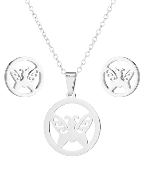 Fashion Silver Stainless Steel Hollow Butterfly Earring Necklace Set