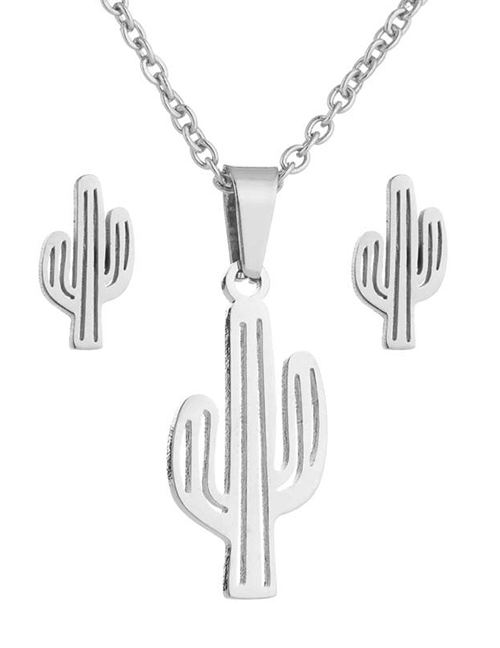 Fashion Silver Stainless Steel Cactus Earrings Necklace Set