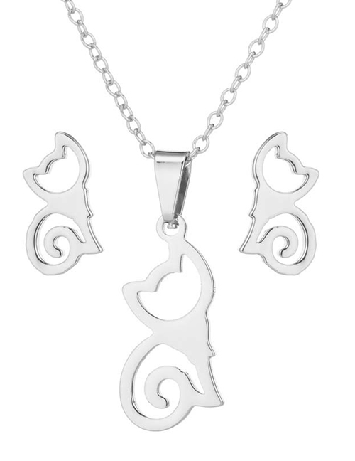 Fashion Silver Stainless Steel Cat Ear Stud Necklace Set